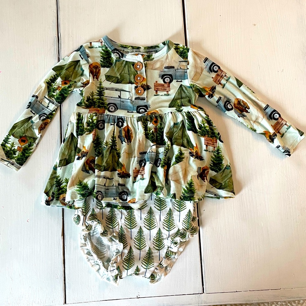NWOT Camp Posh Peanut long sleeve peplum bummie set 6-12 months